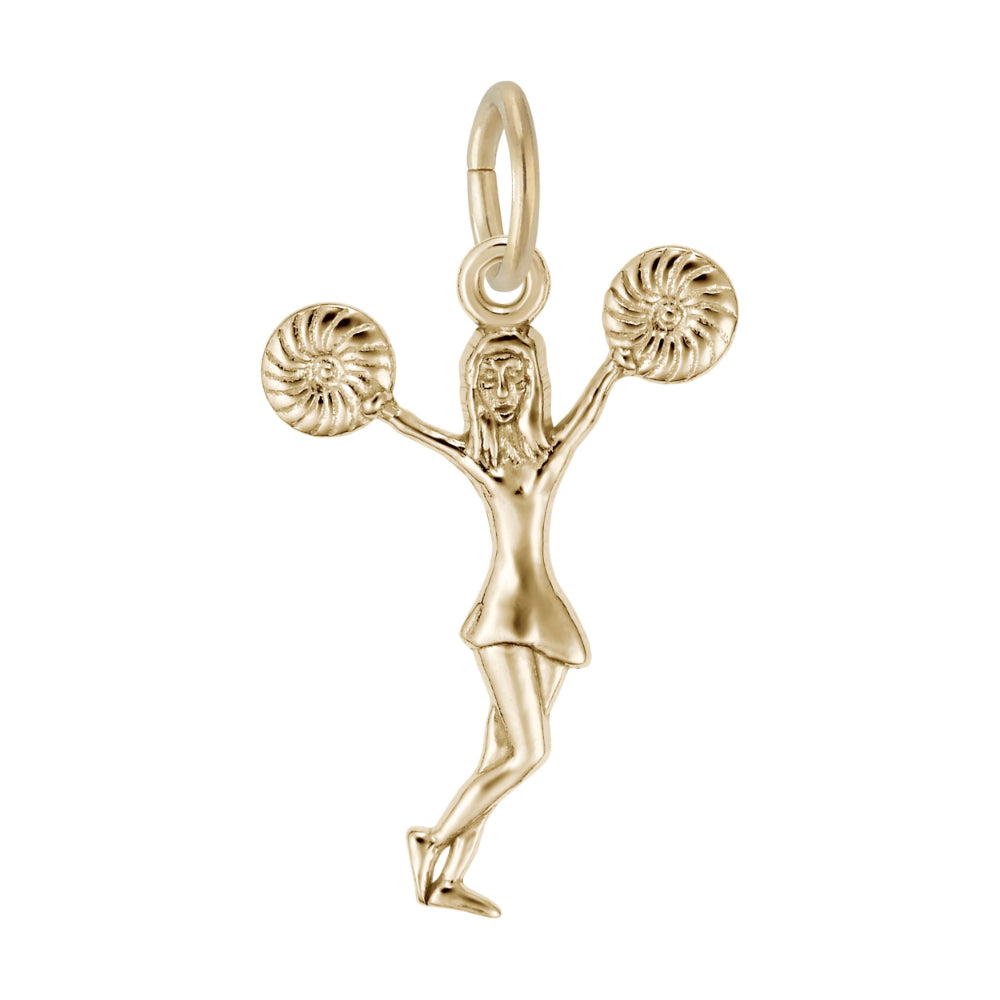 A gold charm shaped like a cheerleader holding two pom-poms, shown on a plain white background.