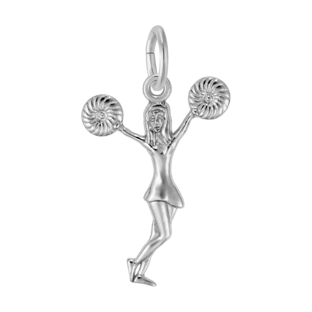 Silver cheerleader charm with pom-poms on a white background