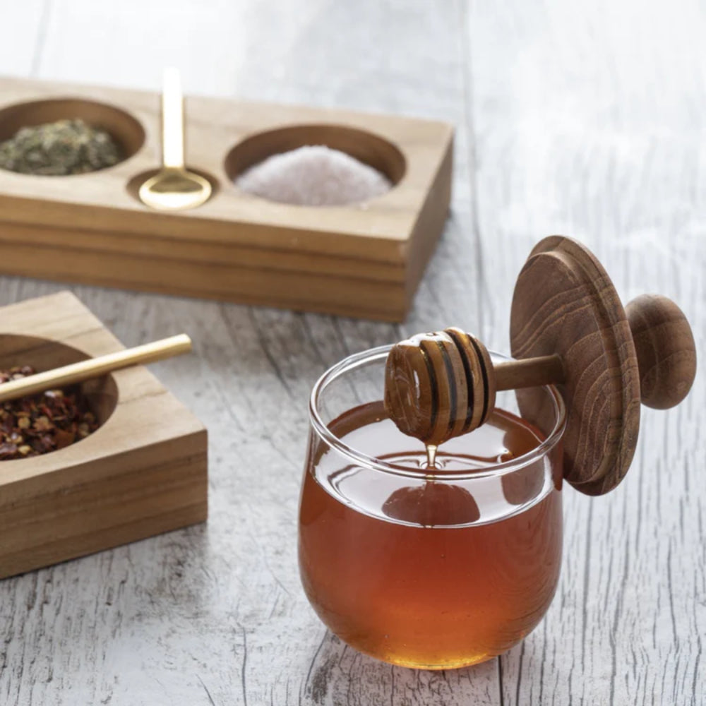 Be Home Teak & Glass Honey Jar