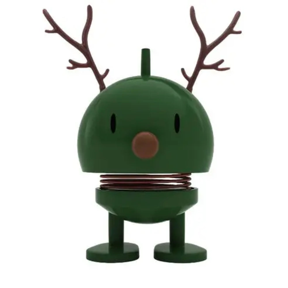 A green holiday-themed spring toy with antlers, a round head, and a coiled spring in the middle, shown on a plain white background.