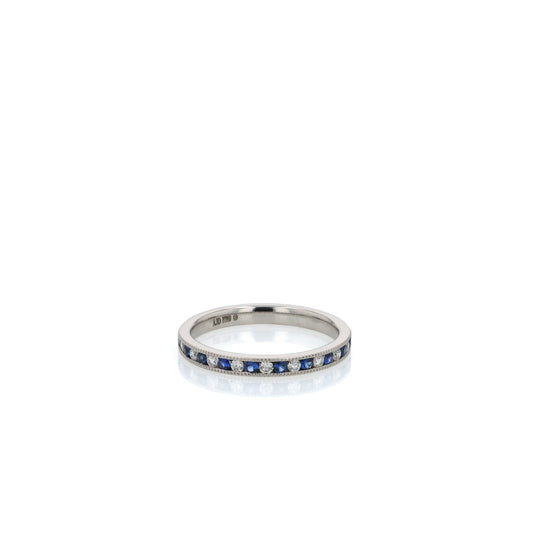 Platinum Alternating Round Sapphire and Diamond Halfway Wedding Band