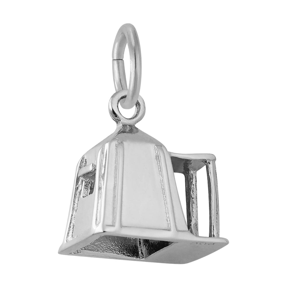 Back and bottom of A silver charm shaped like a small tent, shown on a plain white background.