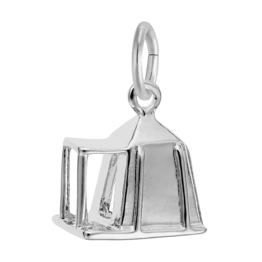 A silver charm shaped like a small tent, shown on a plain white background.