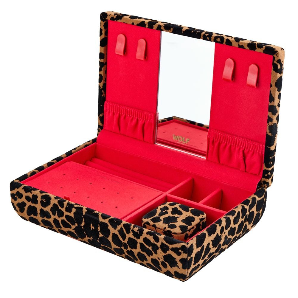 Jewelry box with leopard print exterior and red interior, featuring a mirror.