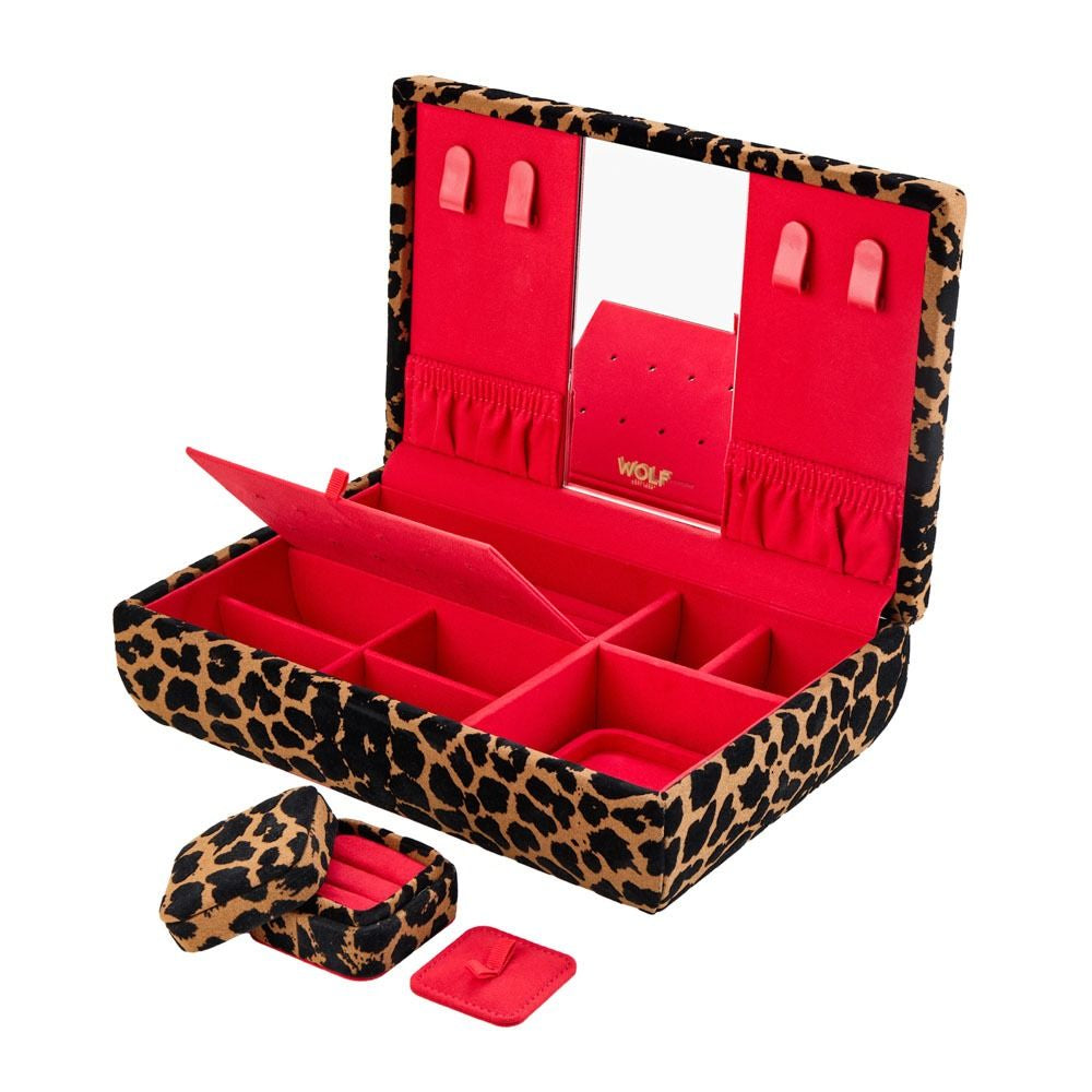 Jewelry box with leopard print and red interior, featuring the brand 'Wolf'.