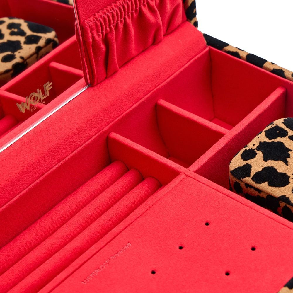 Red jewelry box with compartments and leopard print accents