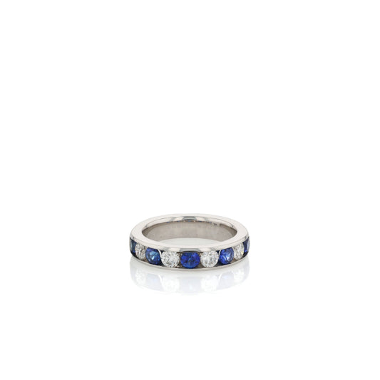 Platinum Alternating Blue Sapphire and Diamond Halfway Band