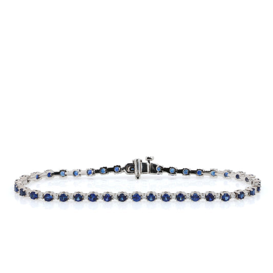 18k White Gold 7" Alternating Round Sapphire and Diamond Tennis Bracelet