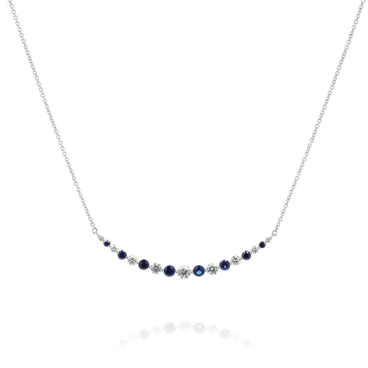 18k White Gold Alternating Sapphire and Diamond Curved Bar Pendant Necklace
