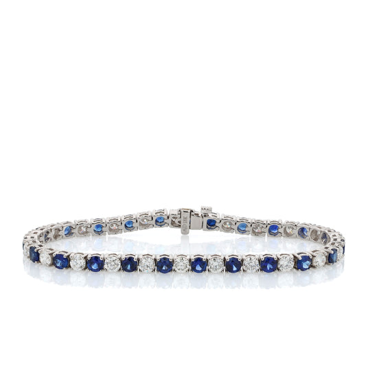 18k White Gold 7" Alternating Round Sapphire and Diamond Bracelet