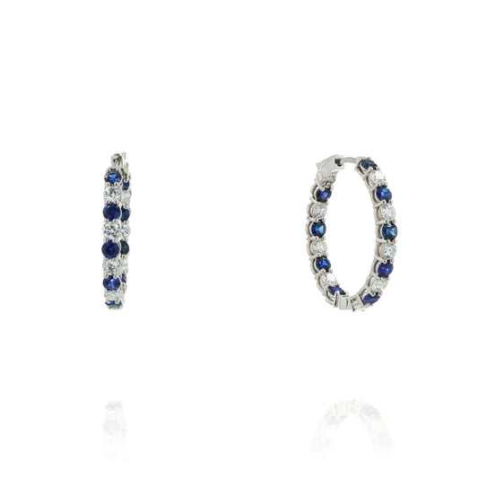18k White Gold In and Out Alternating Sapphire and Diamond Oval Hoop Earrings