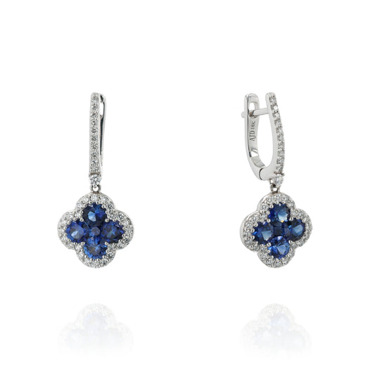 18k White Gold Clover Shape Sapphire and Diamond Halo Drop Earrings