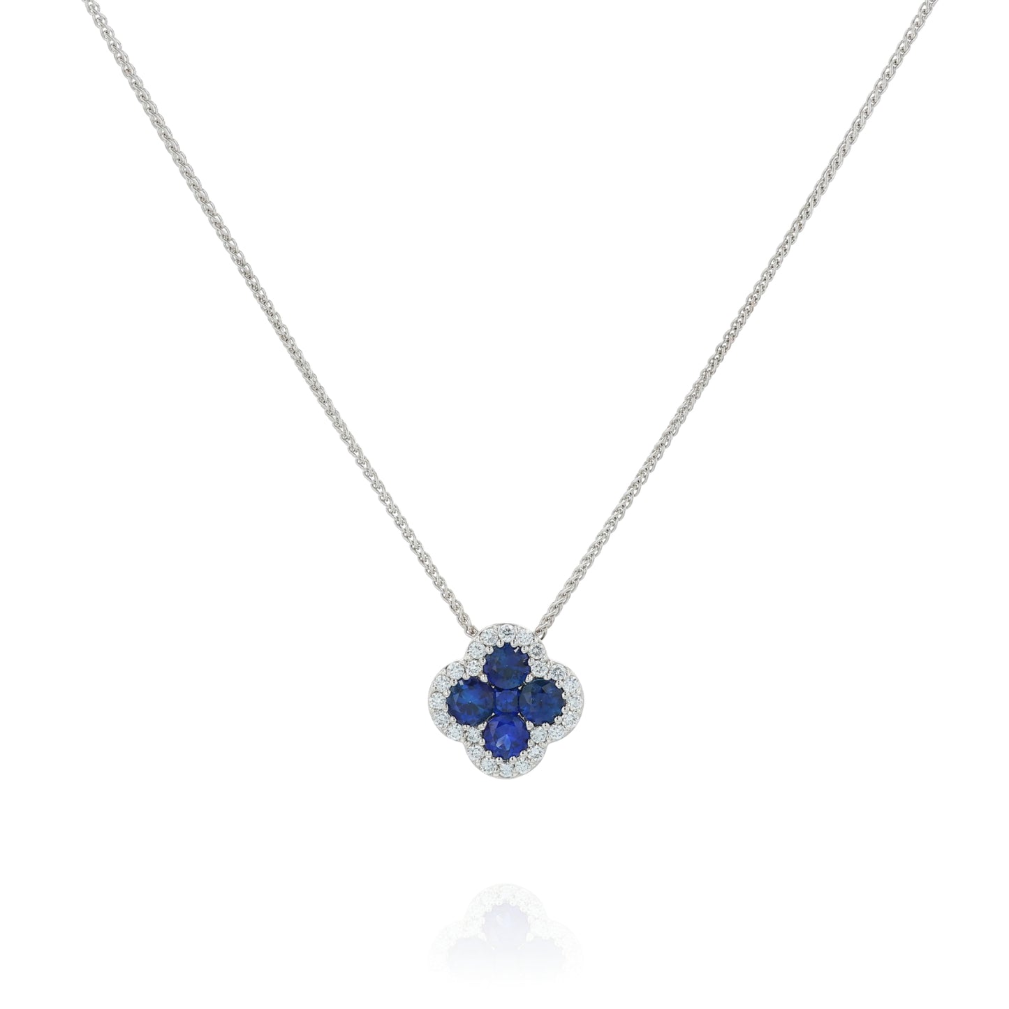 18k White Gold Clover Shape Sapphire and Diamond Halo Pendant Necklace