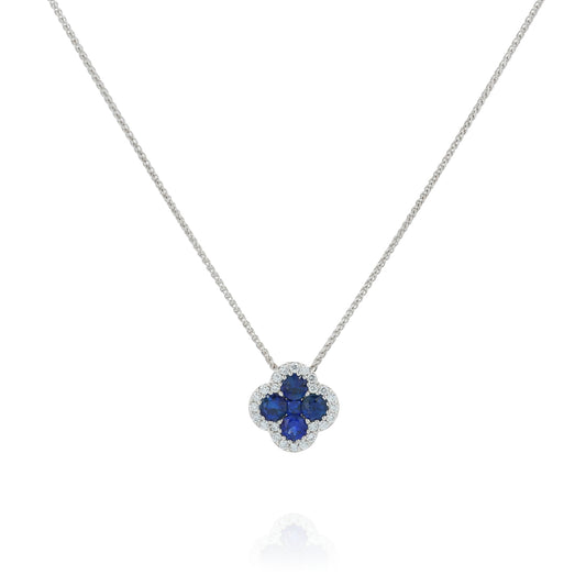 18k White Gold Clover Shape Sapphire and Diamond Halo Pendant Necklace