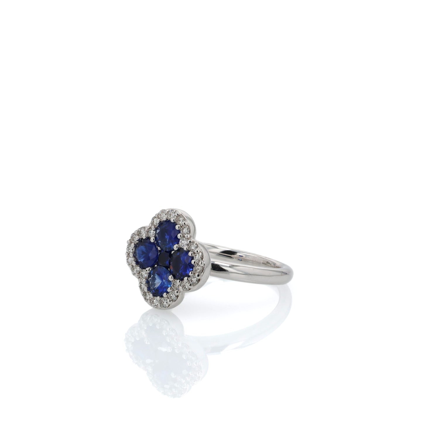 18k White Gold Clover Shaped Sapphire and Diamond Halo Ring