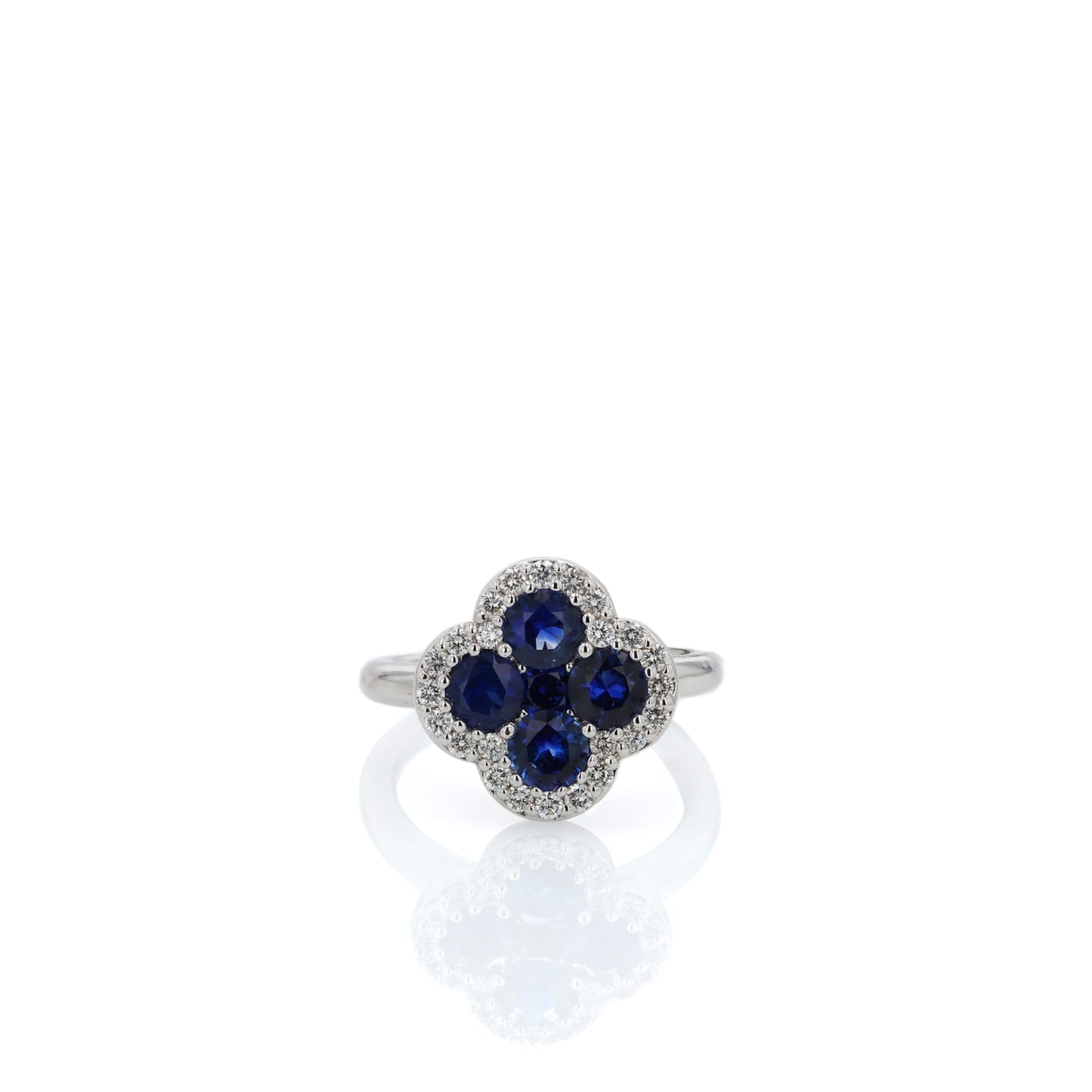 18k White Gold Clover Shaped Sapphire and Diamond Halo Ring