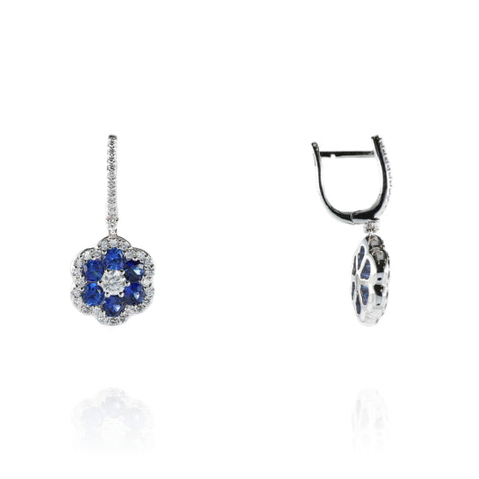 18k White Gold Flower Shape Sapphire and Diamond Halo Drop Earrings