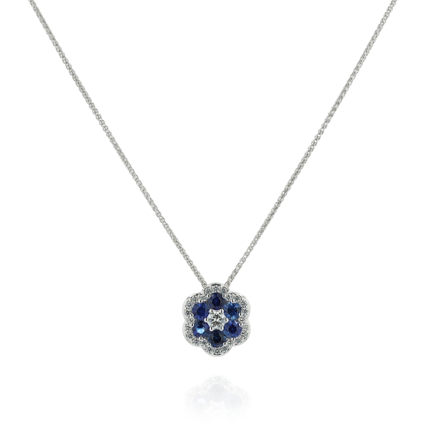 18k White Gold 18" Flower Shape Sapphire and Diamond Pendant Necklace