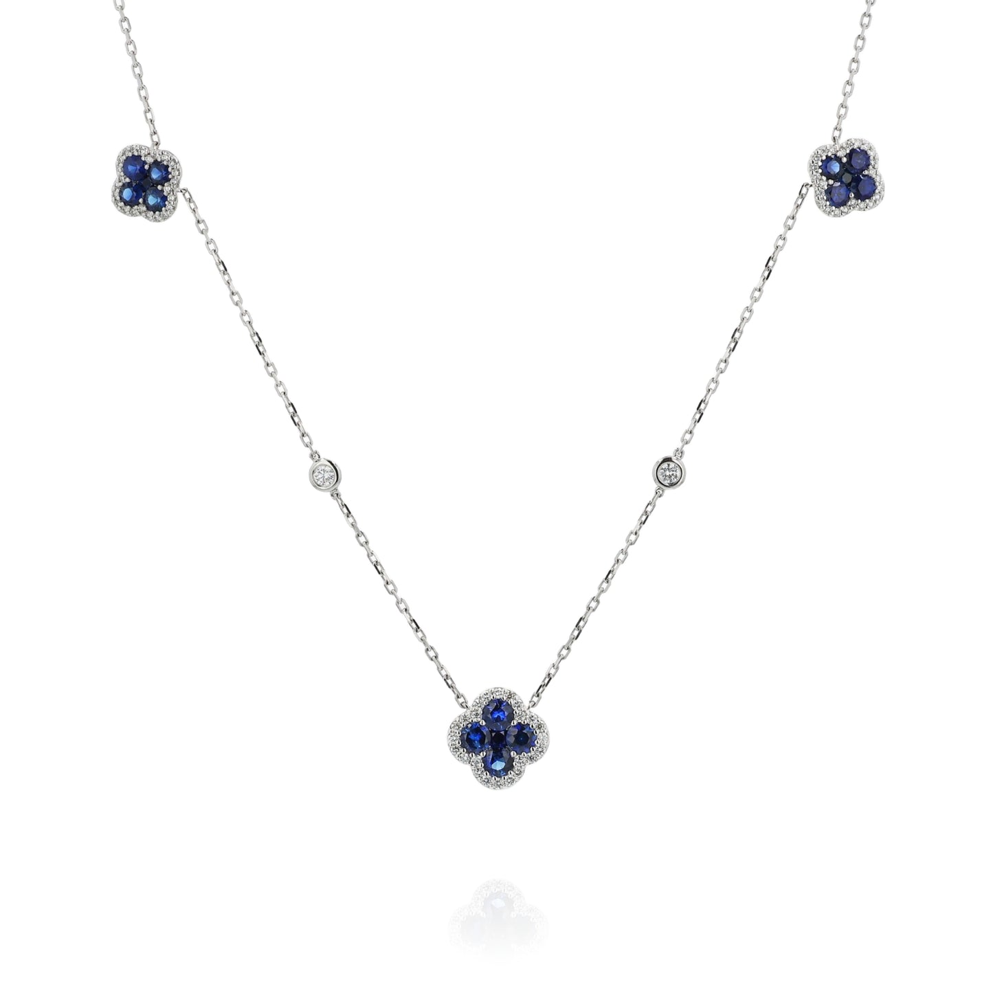 18k White Gold Flower Shape Sapphire and Diamond Station Necklace
