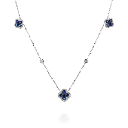 18k White Gold Flower Shape Sapphire and Diamond Station Necklace