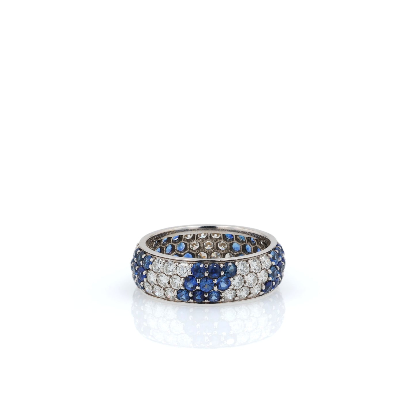 18k White Gold Alternating 3 Row Pave Sapphire and Diamond Band