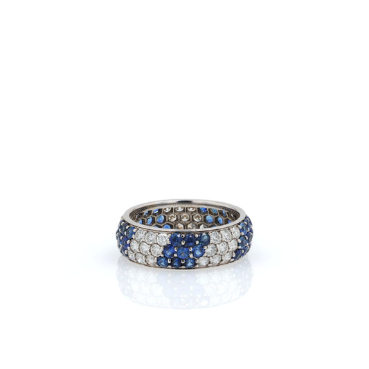 18k White Gold Alternating 3 Row Pave Sapphire and Diamond Band