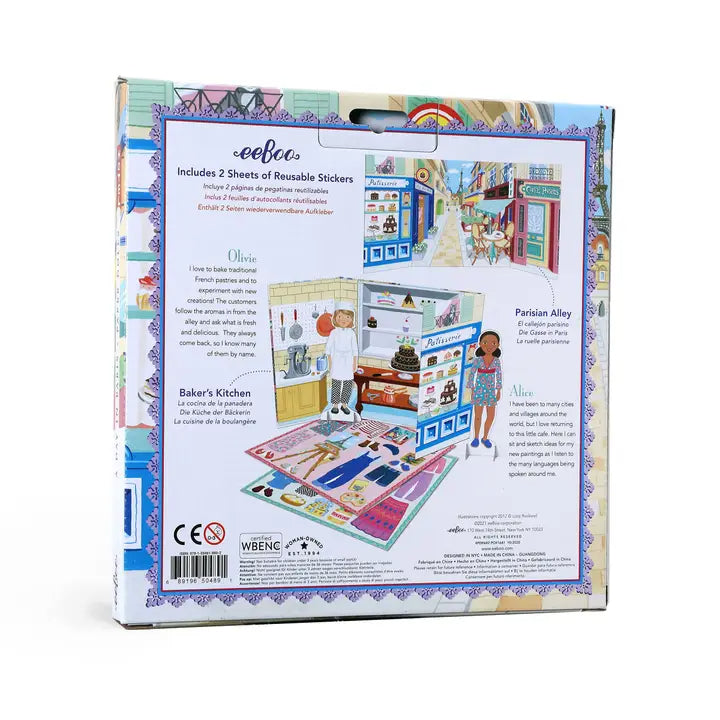 Back of a toy packaging with illustrations and text, featuring colorful scenes and characters.