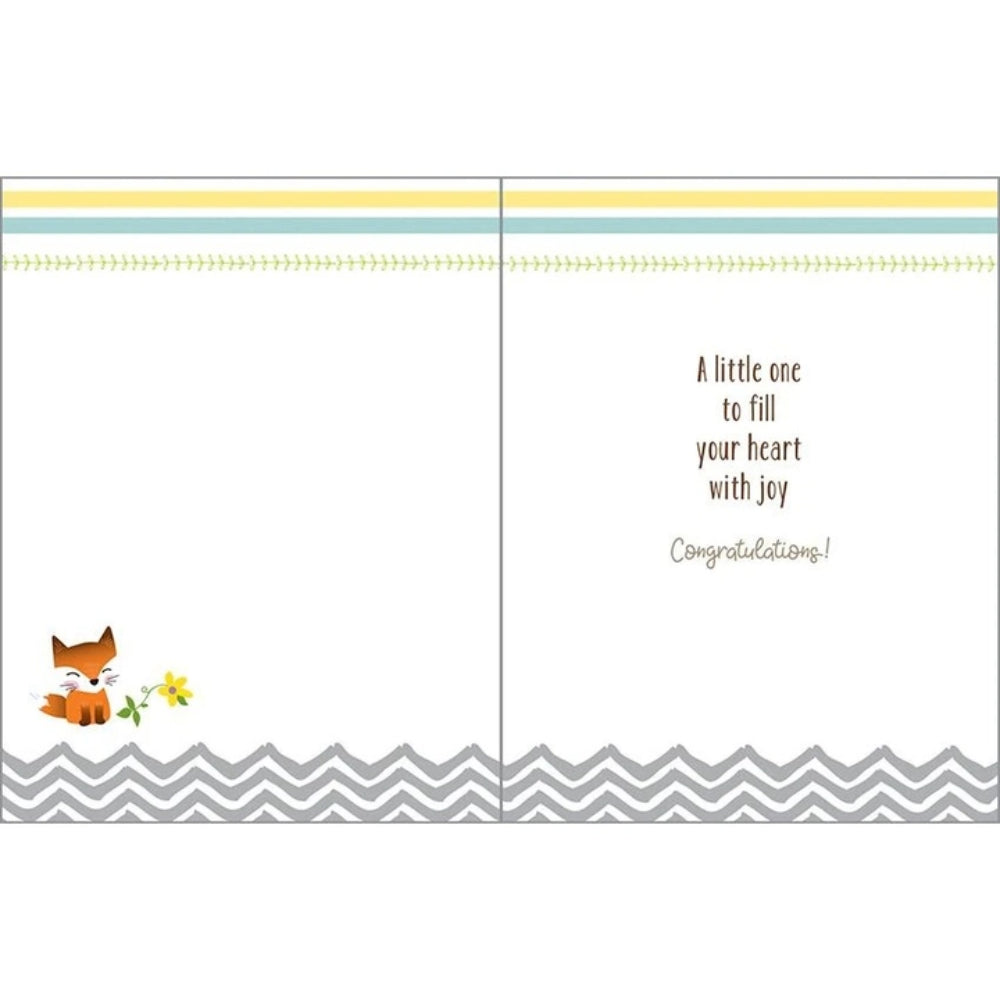 white inside of baby card with fox and flower on it.