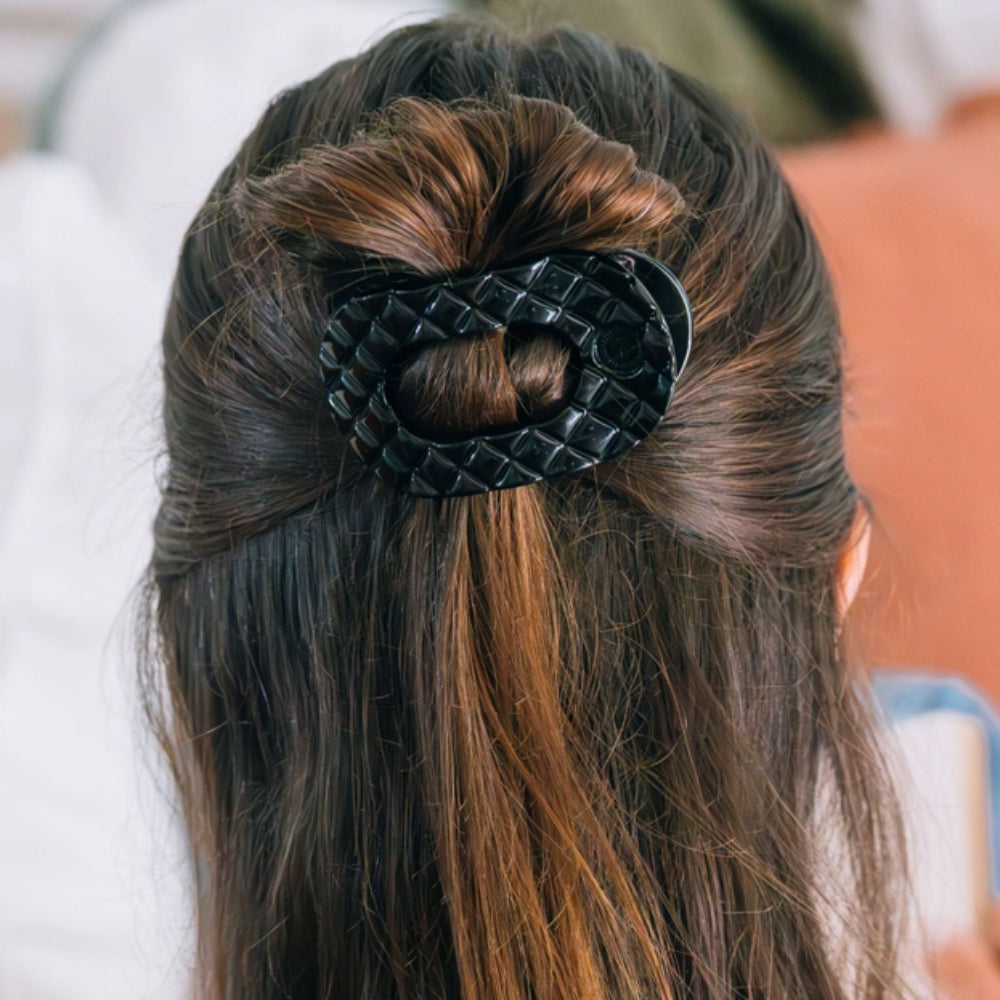 TELETIES Jet Black Quilted Flat Round Hair Clip