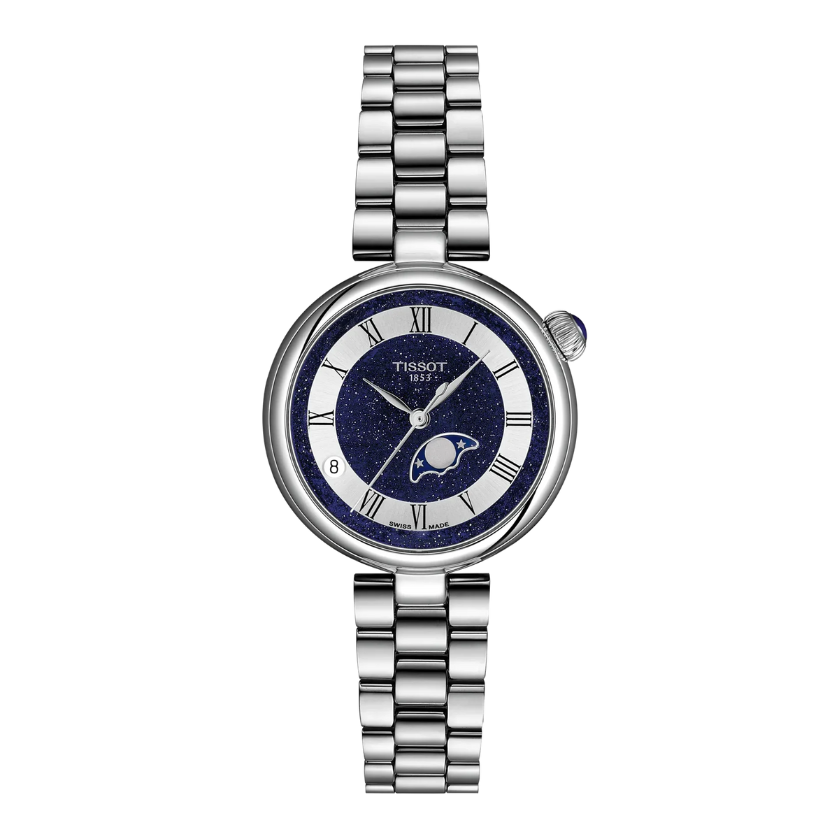 A Tissot women's watch featuring a silver stainless steel link bracelet, a round silver case, and a navy blue dial with a starry speckled texture, Roman numeral hour markers, and a moon-and-bird logo.