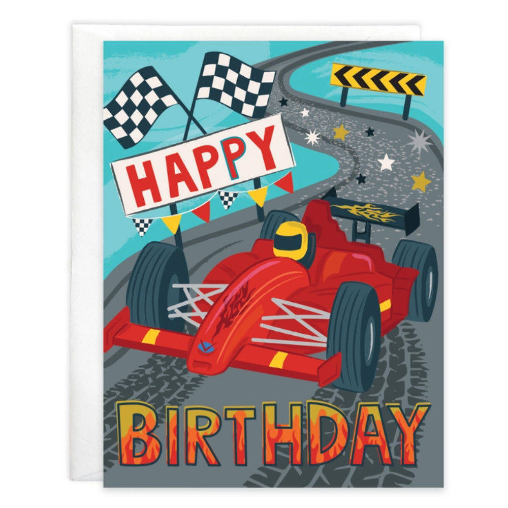 Racecar birthday greeting card with colorful displays and a racetrack with racecar. 