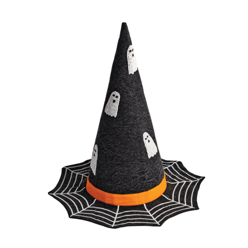 Halloween-themed decorative hat with ghosts and a spider web on a white background