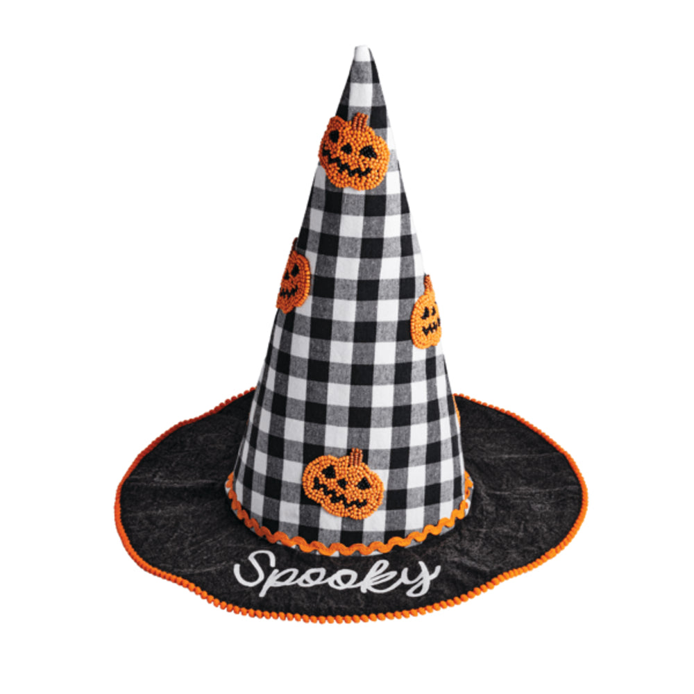 Halloween-themed cone hat with checkered pattern, pumpkins, and 'Spooky' text on a white background.