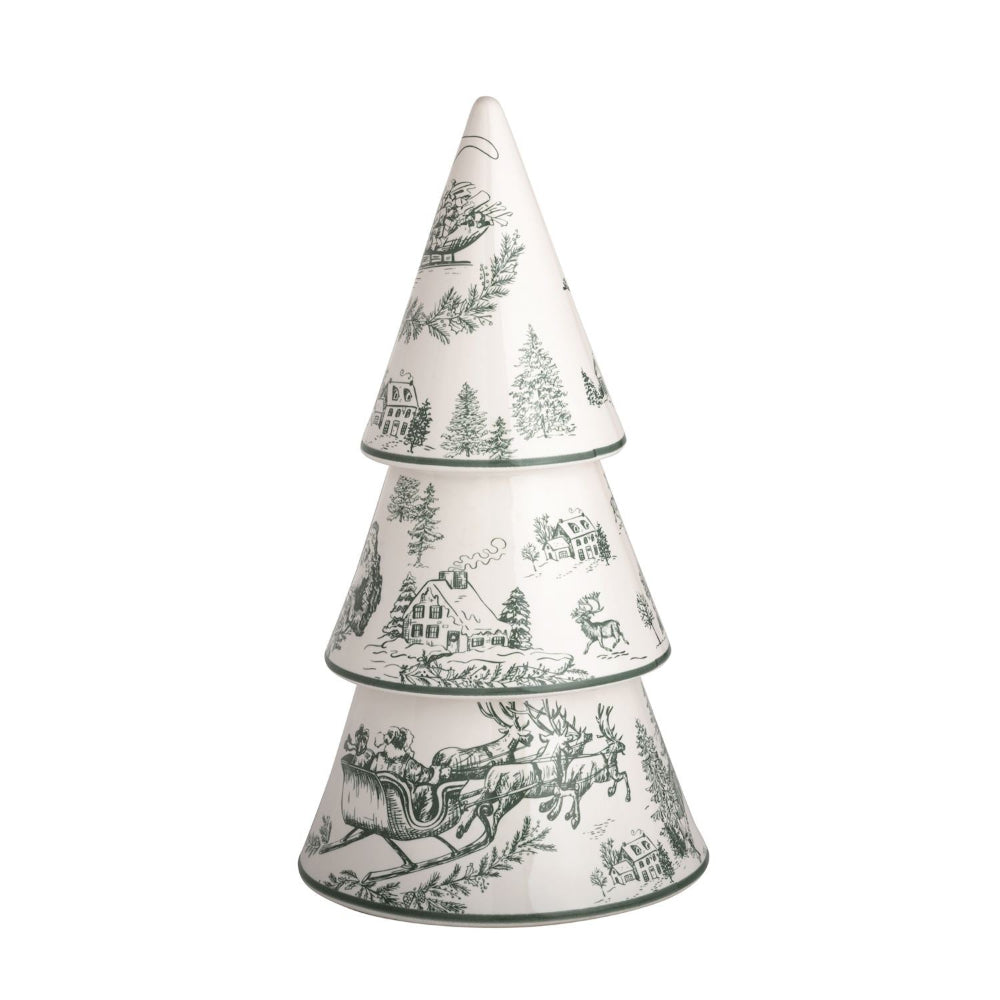 A large size tiered Christmas tree-shaped with a white glaze and dark green toile-style winter landscape illustrations, shown on a plain white background.
