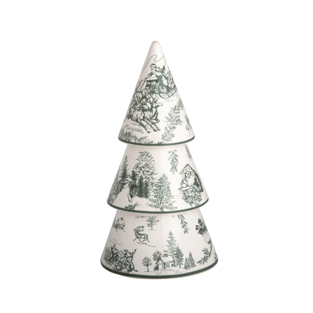 A medium size  tiered Christmas tree-shaped with a white glaze and dark green toile-style winter landscape illustrations, shown on a plain white background.