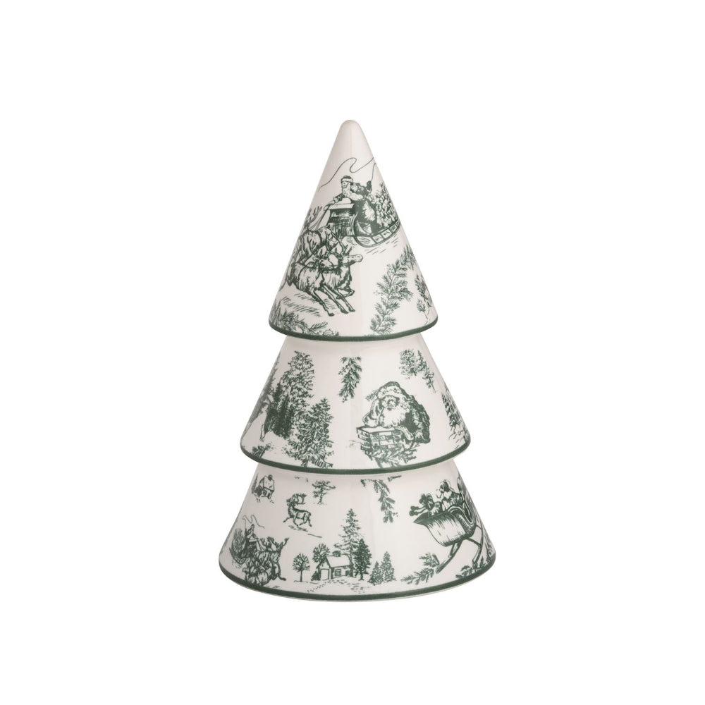 A Small size tiered Christmas tree-shaped with a white glaze and dark green toile-style winter landscape illustrations, shown on a plain white background.