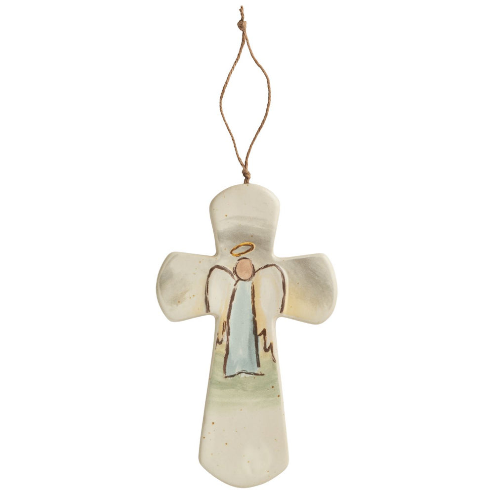 Decorative angel figurine hanging on a white background.