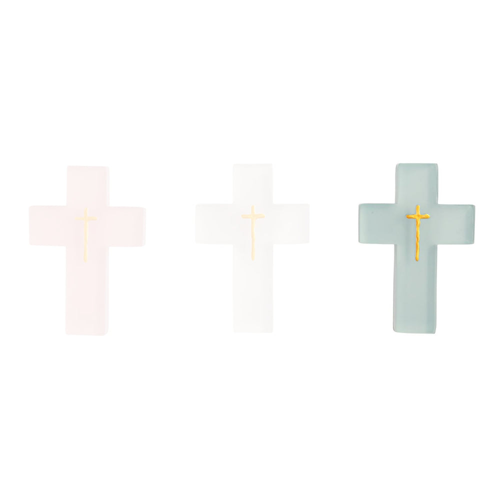 blue resin wall cross with gold cross in the center on a white backround.