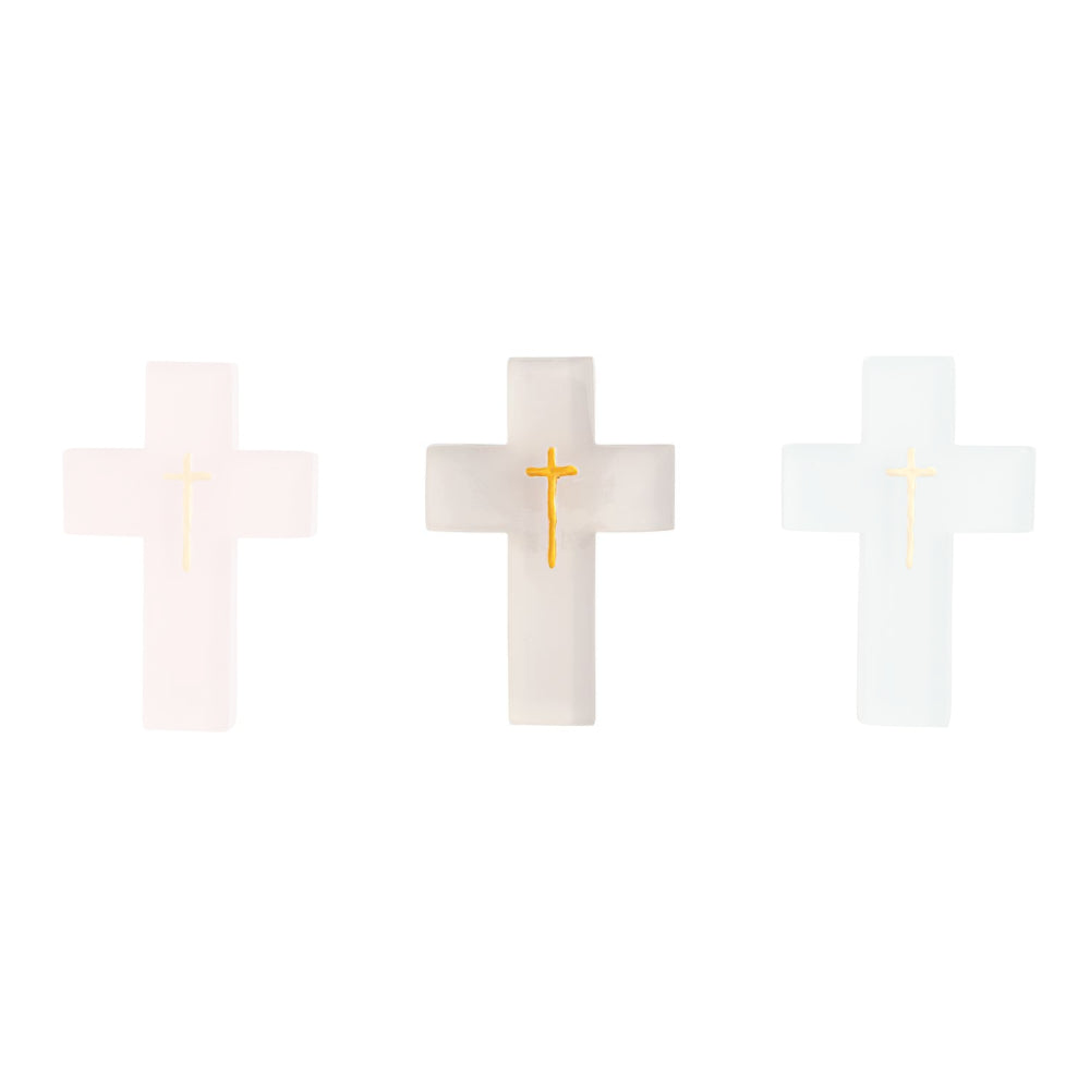 white resin wall cross with gold cross in the center on a white backround.