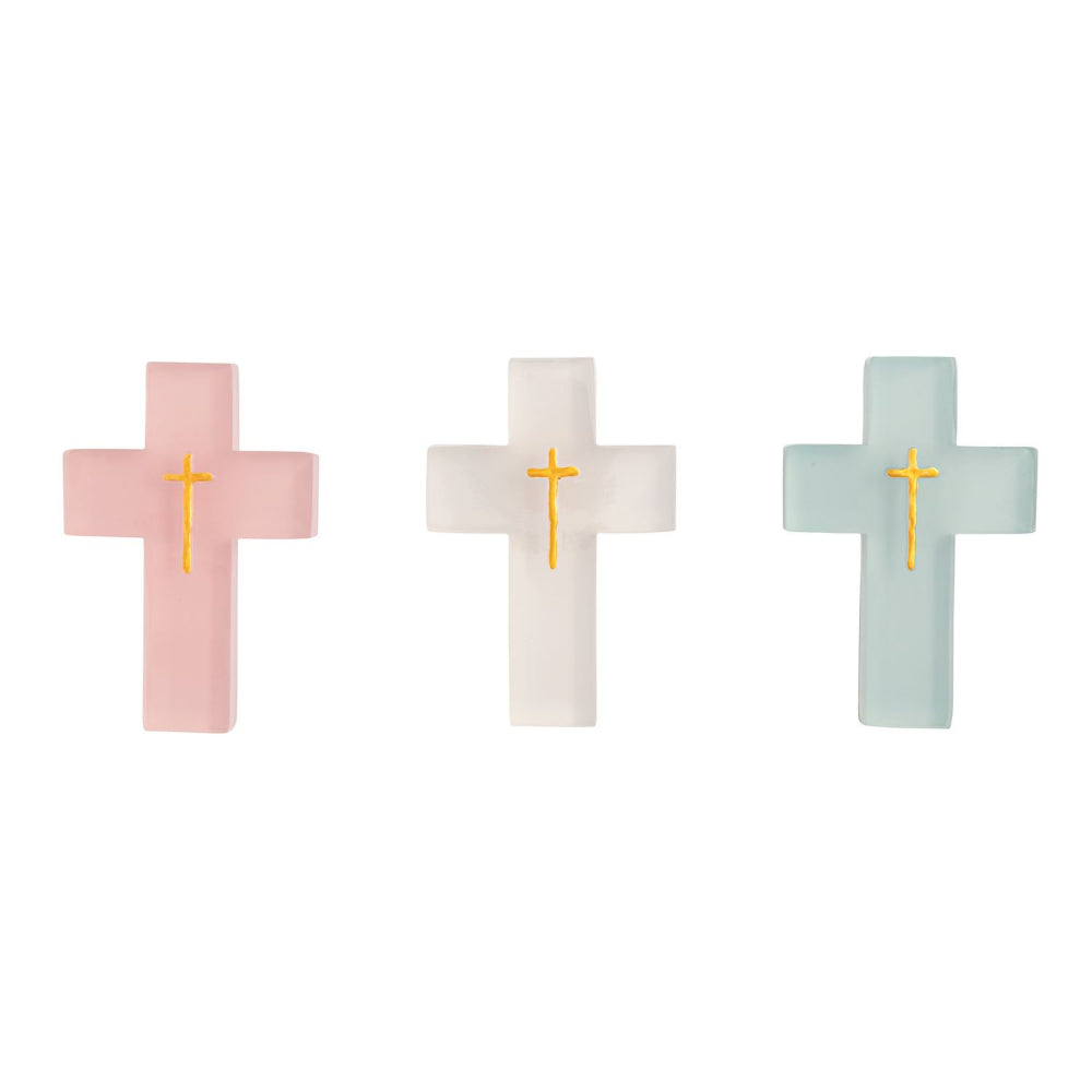 Three ceramic cross wall art pieces in pastel pink, white, and light blue, each featuring a small gold cross in the center, displayed on a clean white background.