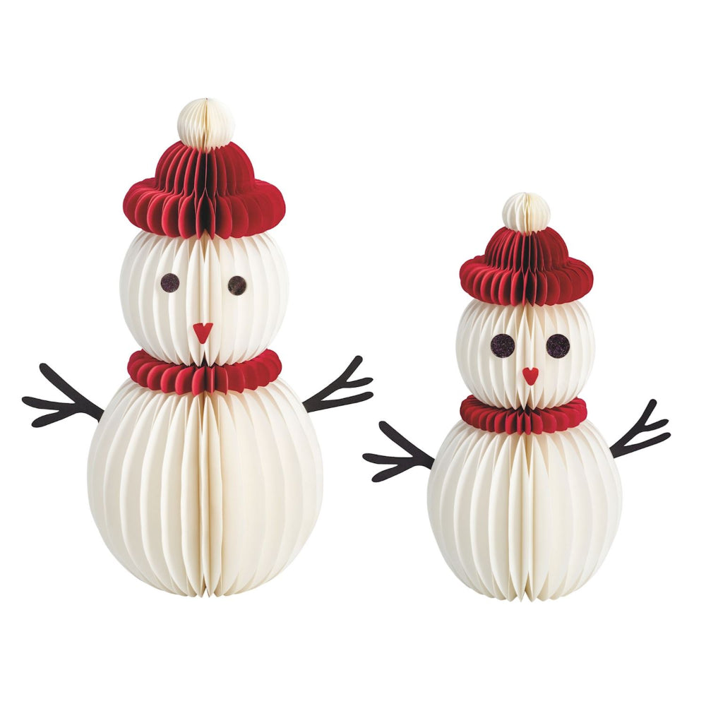 Two paper snowmen with red hats and scarves on a white background