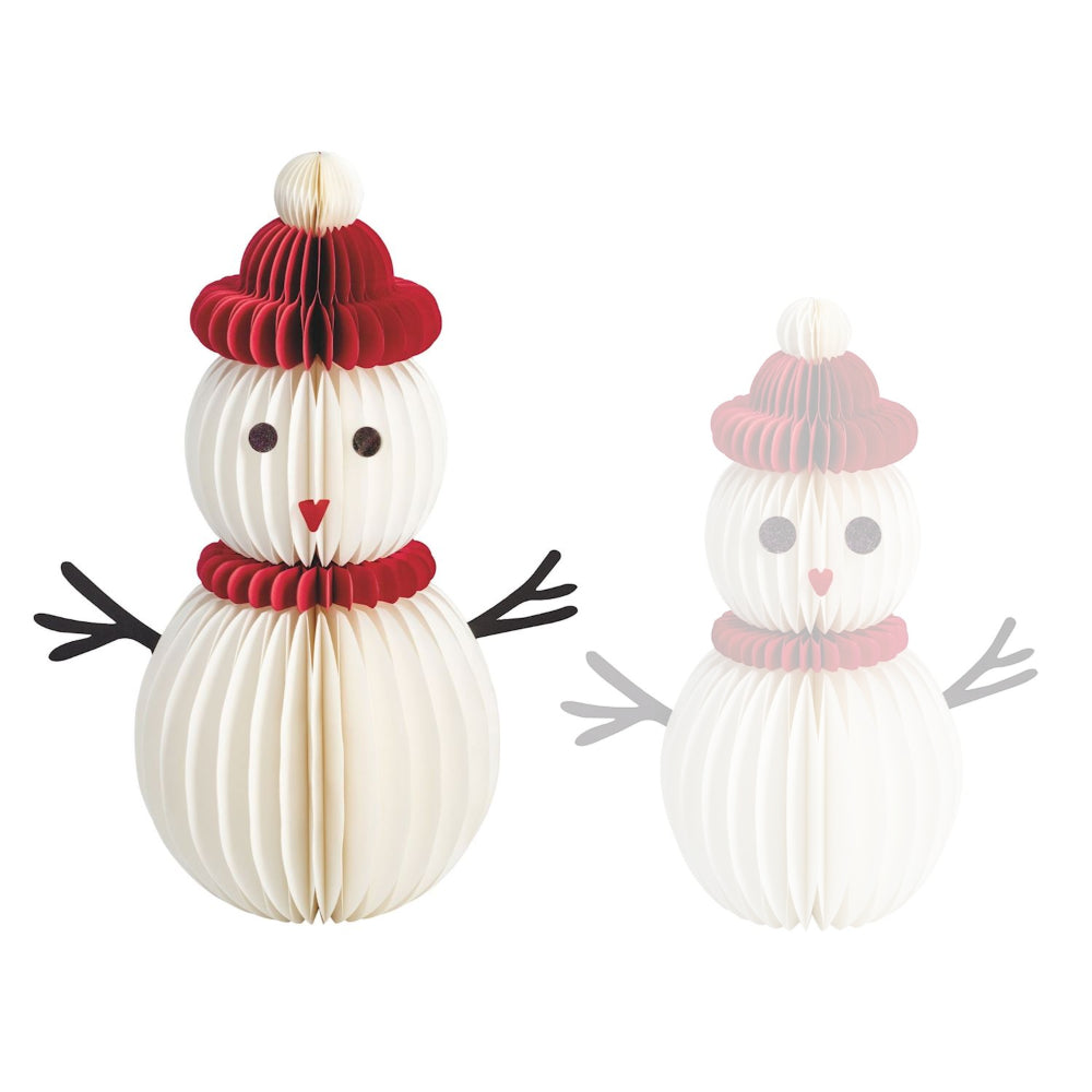 Two paper snowman decorations with red and pink hats on a white background