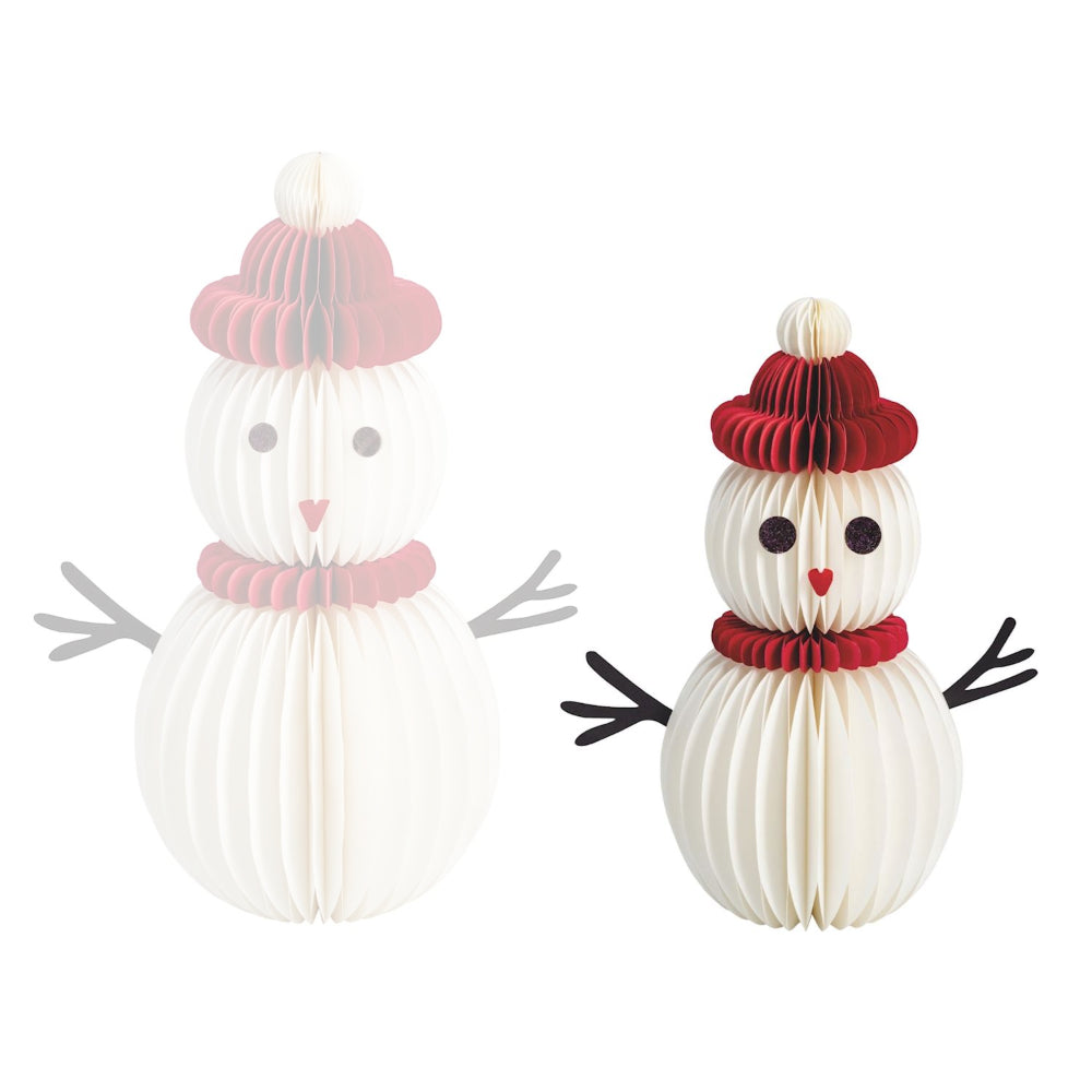 Two paper snowman decorations with red and pink hats on a white background