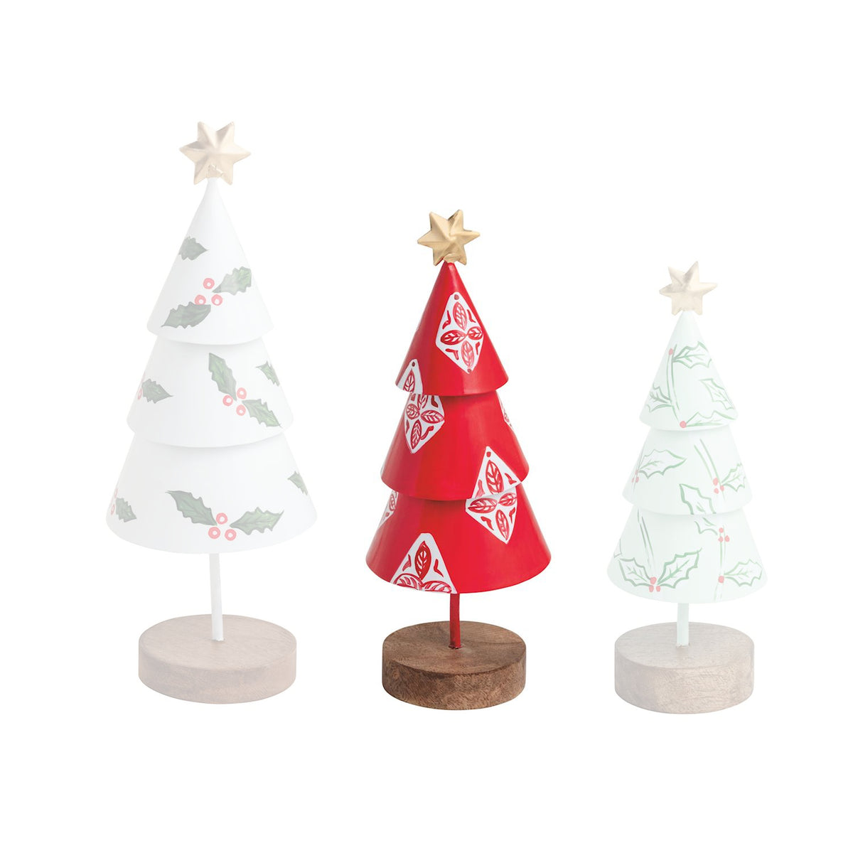 Three decorative Christmas trees on stands with different designs against a white background.