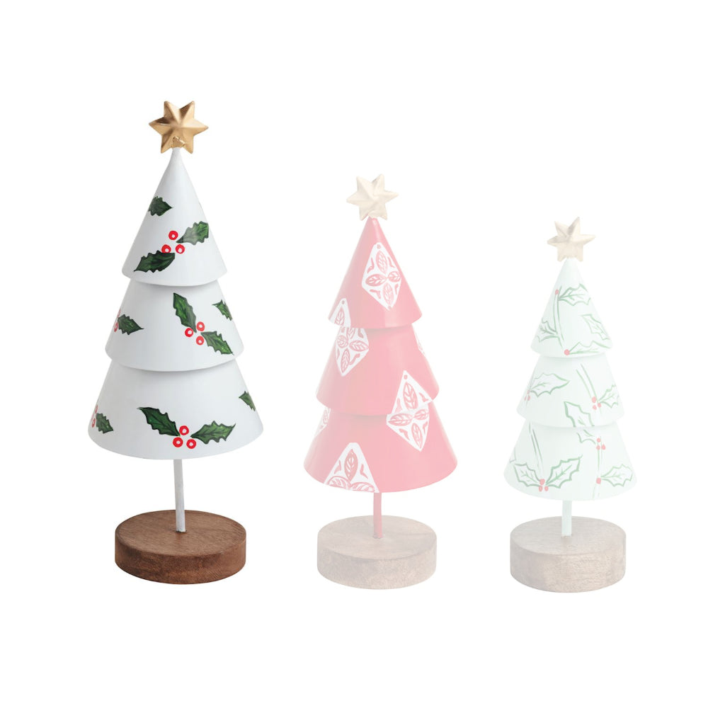 Three small Christmas tree decorations on stands with different designs.