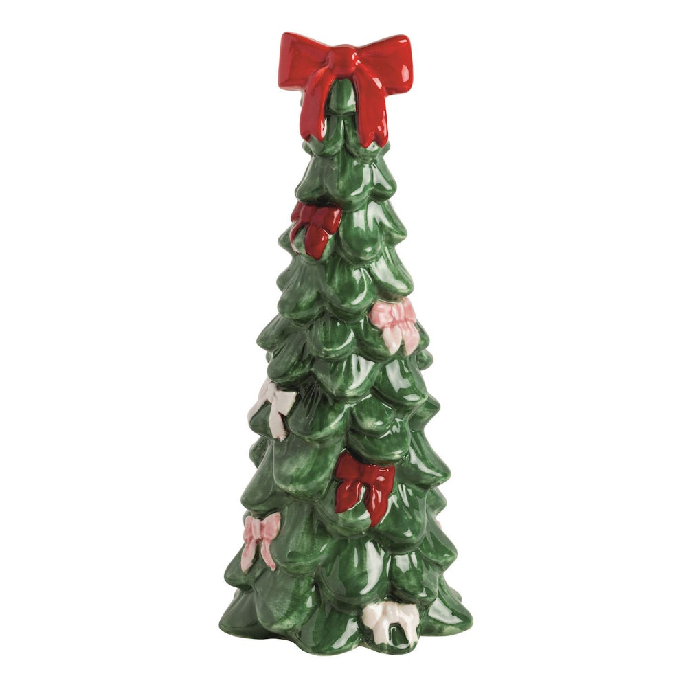 Decorative Christmas tree figurine with red and pink  bows on a white background.