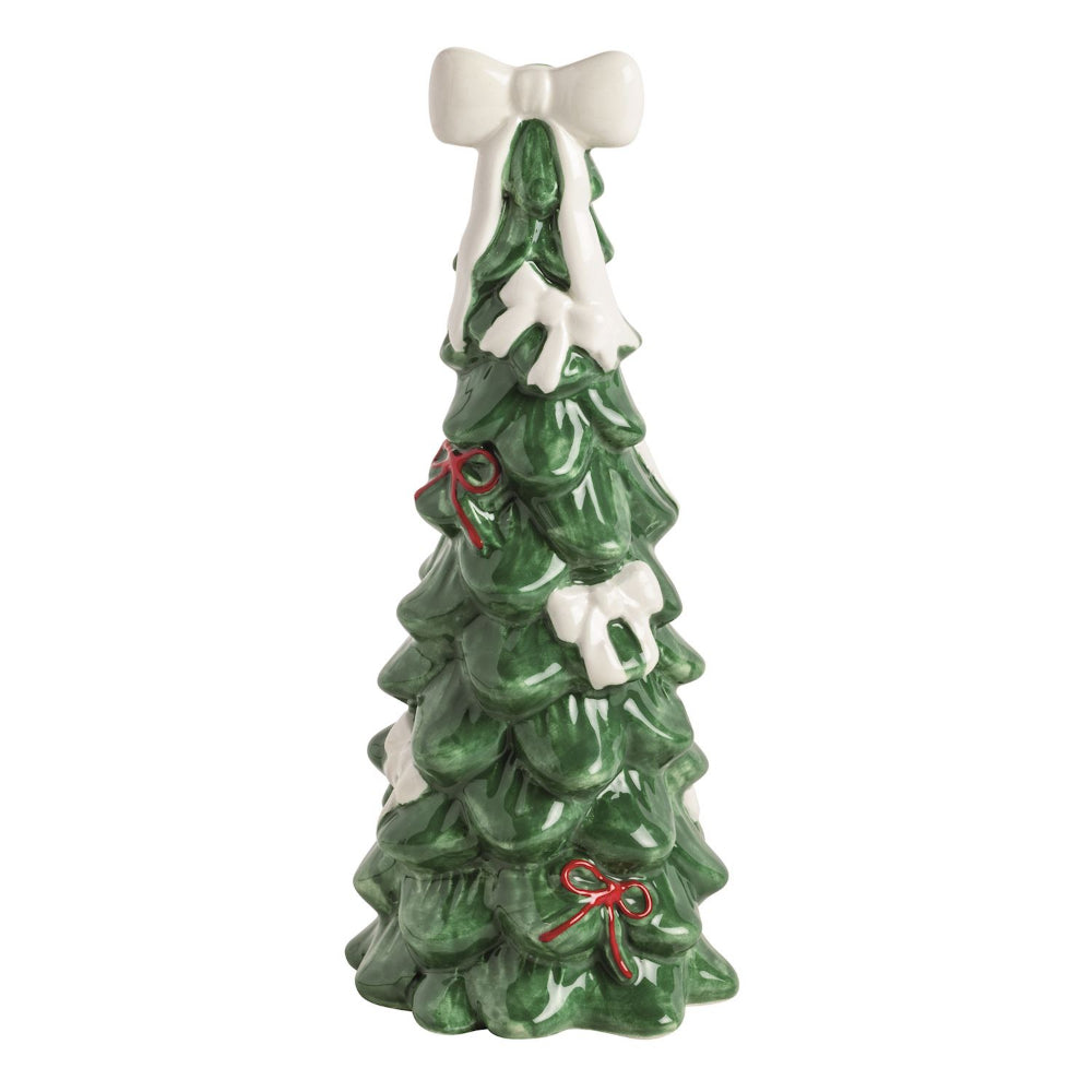 Decorative Christmas tree figurine with a white bow on a white background.