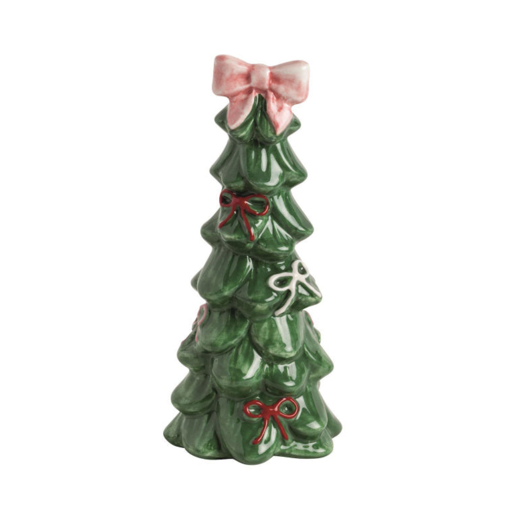 Green ceramic Christmas tree with pink and red bows on a white background.