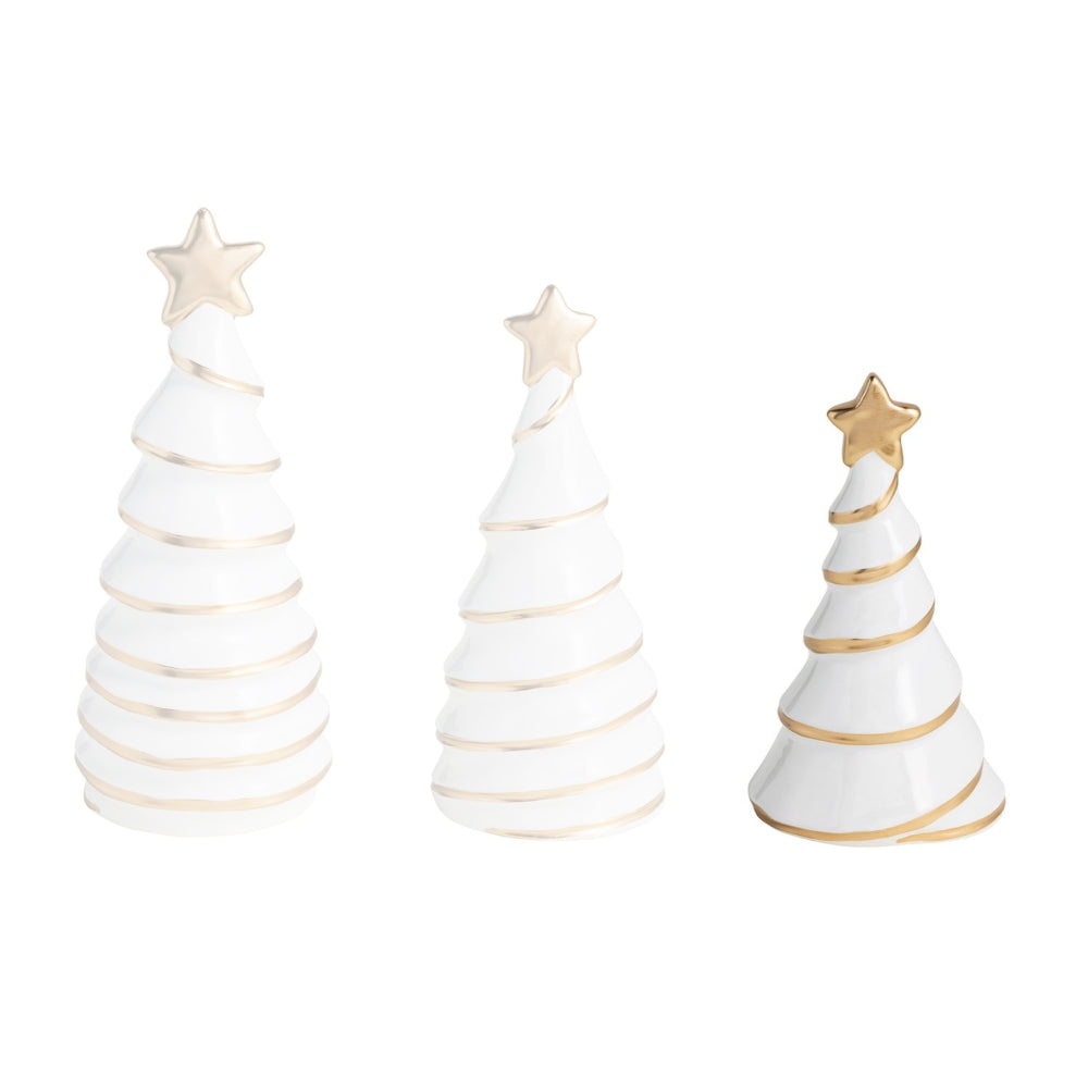 Small white Christmas treewith gold accents on a white background.
