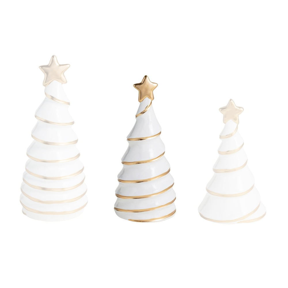 Medium white christmas tree with gold accents on a white background.